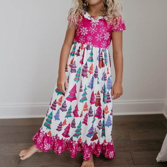 Kids Fuchsia Tree Holiday Christmas Lounge Gown 3/4